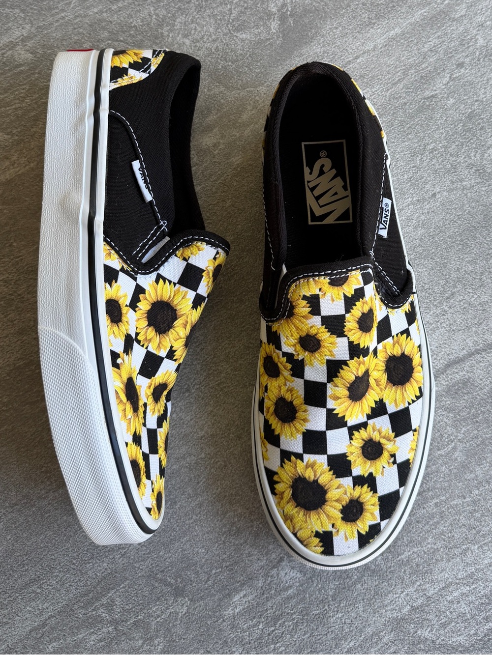 Vans black and yellow sunflower slip-on sneakers with checkerboard pattern 7